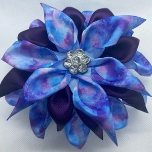 New Kanzashi Flower Brooch. Purple & blue with rhinestone gem. Unique jewelry.